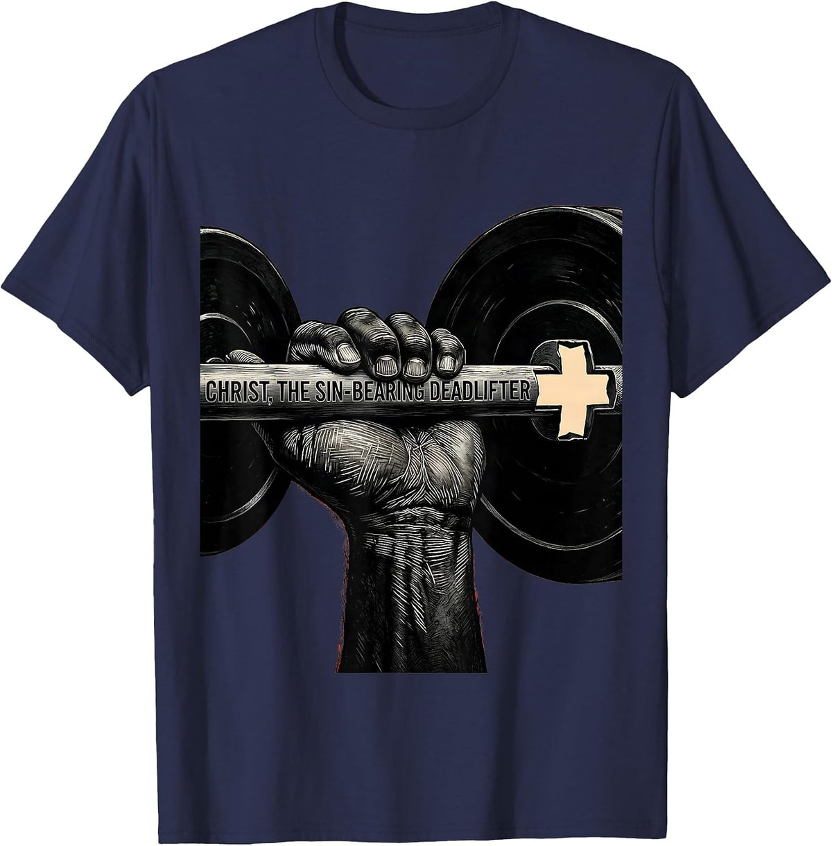 Men's Christ The Sin-Bearing Deadlifter Funny Christian Gym Humor T-Shirt - Navy Blue