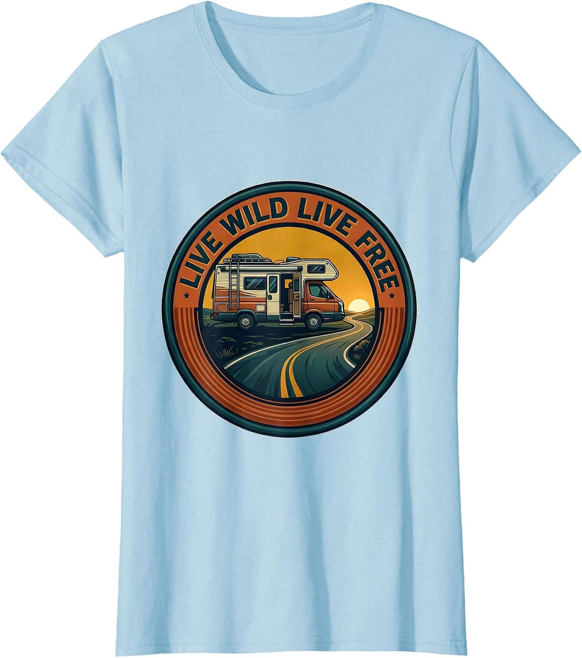 Women's Live Wild Live Free Vintage Van Life Nomad Road Trip Emblem T-Shirt - Baby Blue