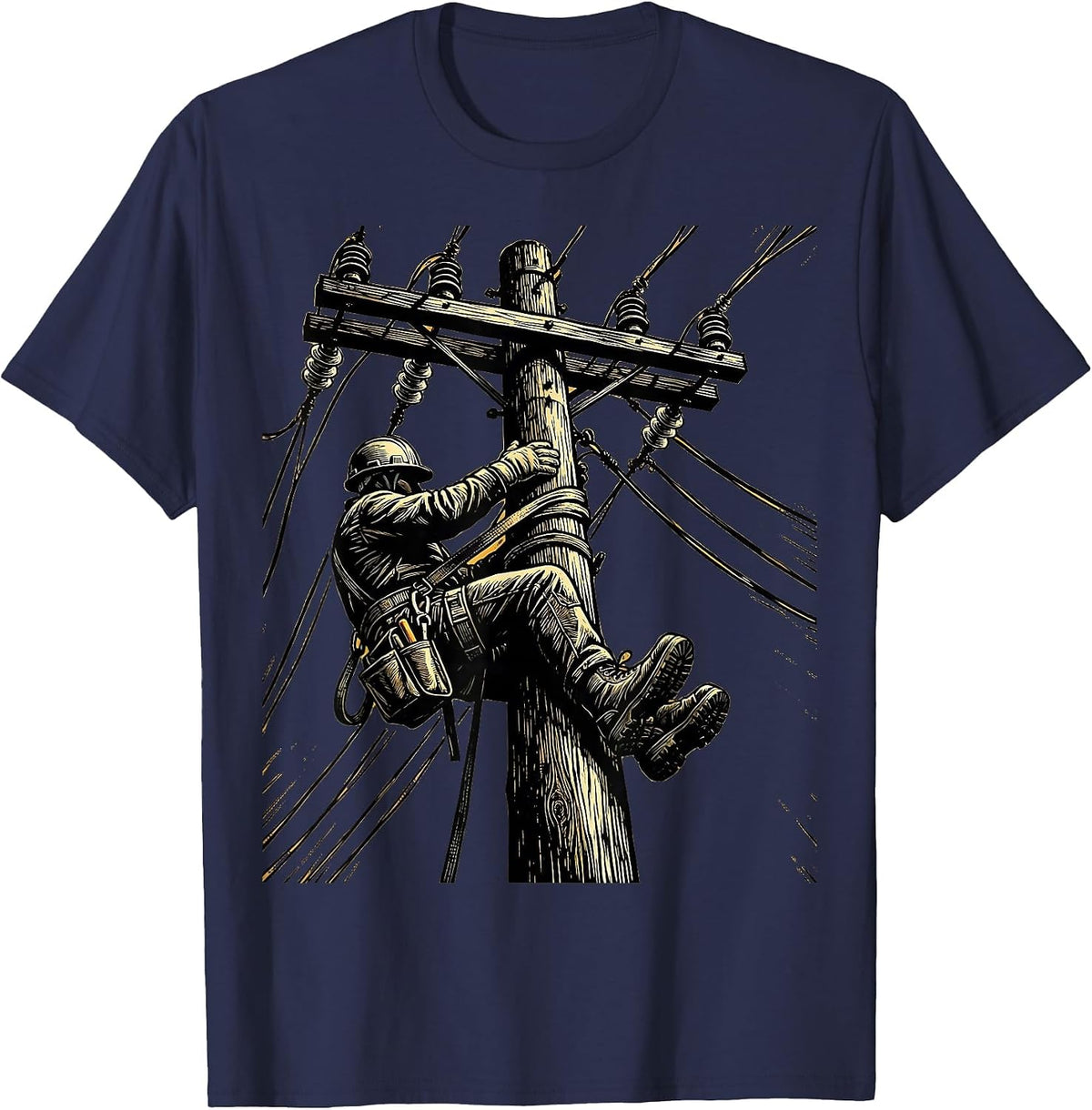 Lineman Utility Pole Climber Graphic Tee T-Shirt - Navy Blue