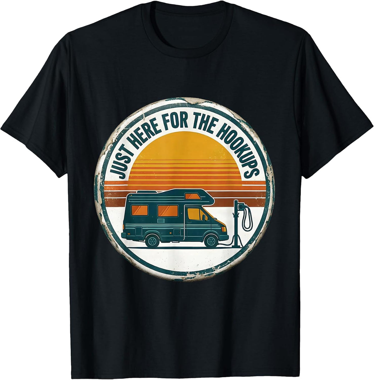 Men's Just Here For The Hookups Retro Van Life Nomad Badge T-Shirt - Black