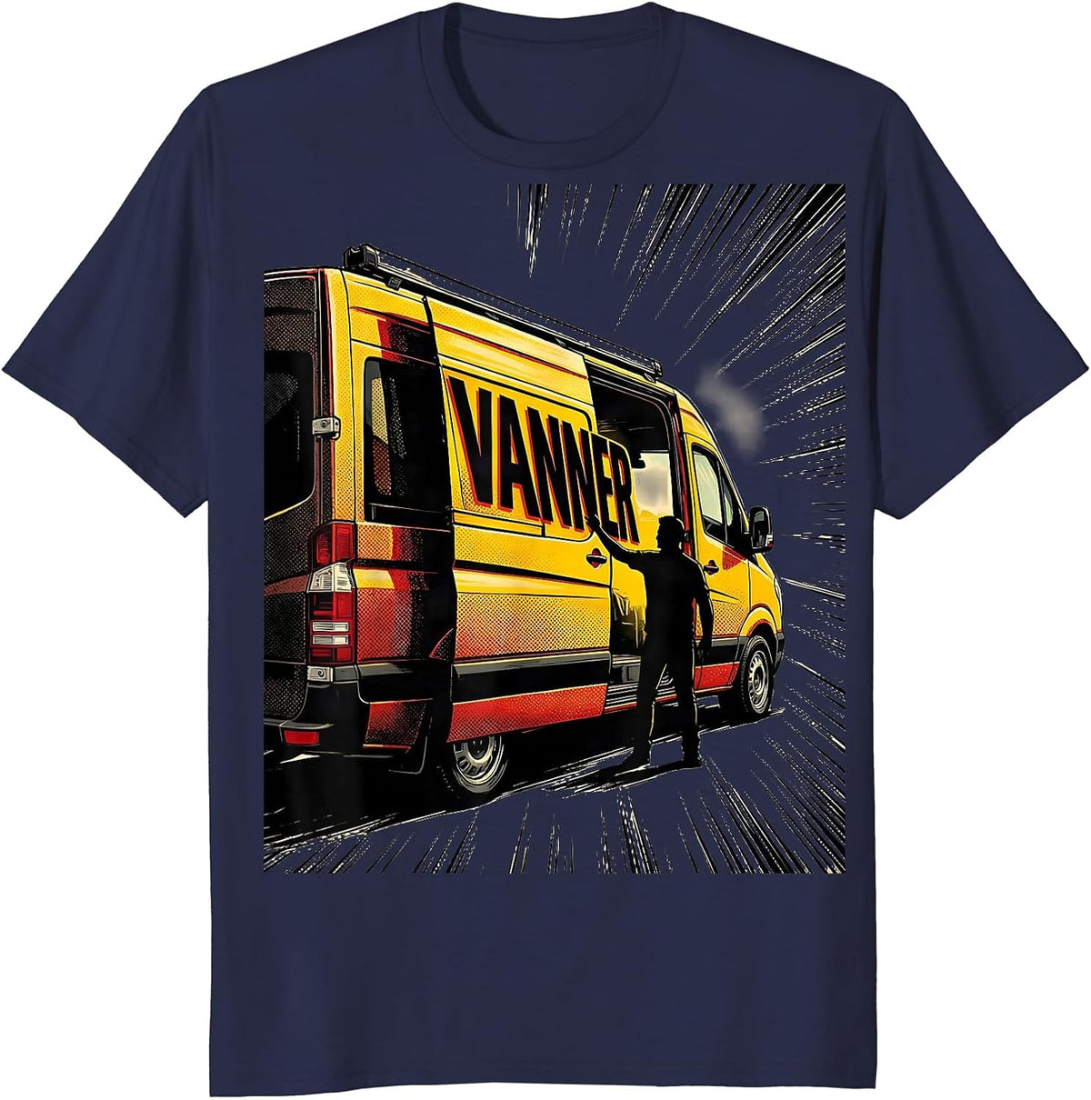 Men's Vanner Comic Book Van Life Road Trip Camper Van Enthusiast T-Shirt - Navy Blue