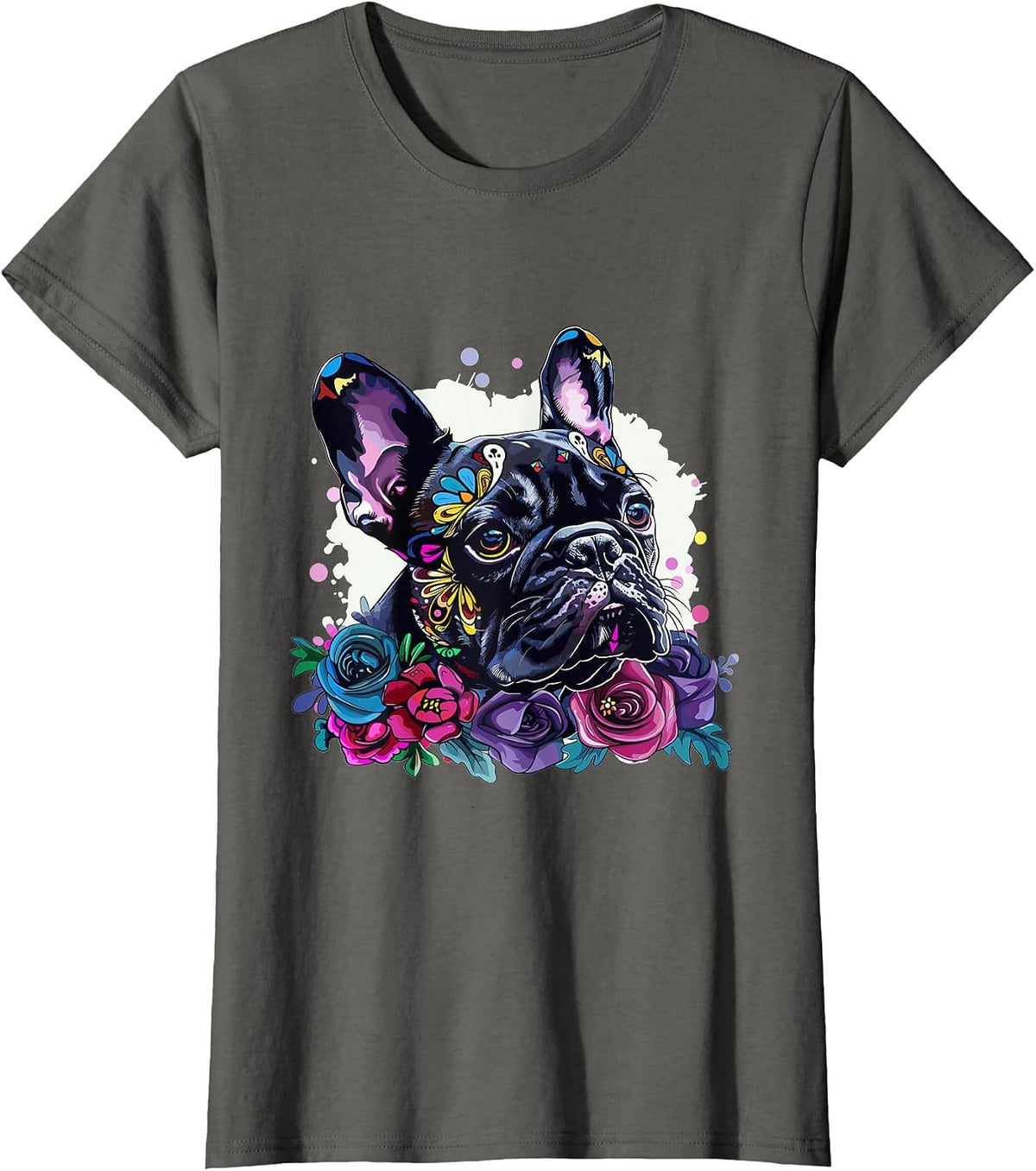French Bulldog Sugar Skull Dia De Los Muertos Graphic T-Shirt - Asphalt Grey
