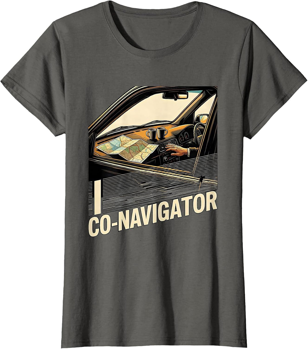 Women's I Co-Navigator New Wave Van Life Camper Nomad Humor T-Shirt - Asphalt Grey