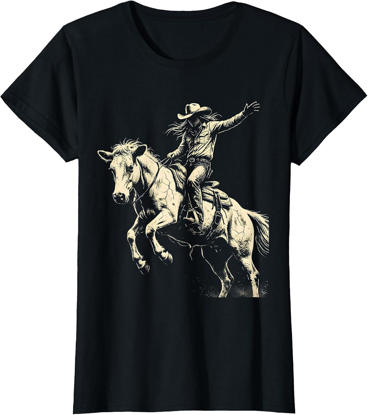 Cowgirl Bucking Bronco Rodeo Riding Graphic T-Shirt - Black