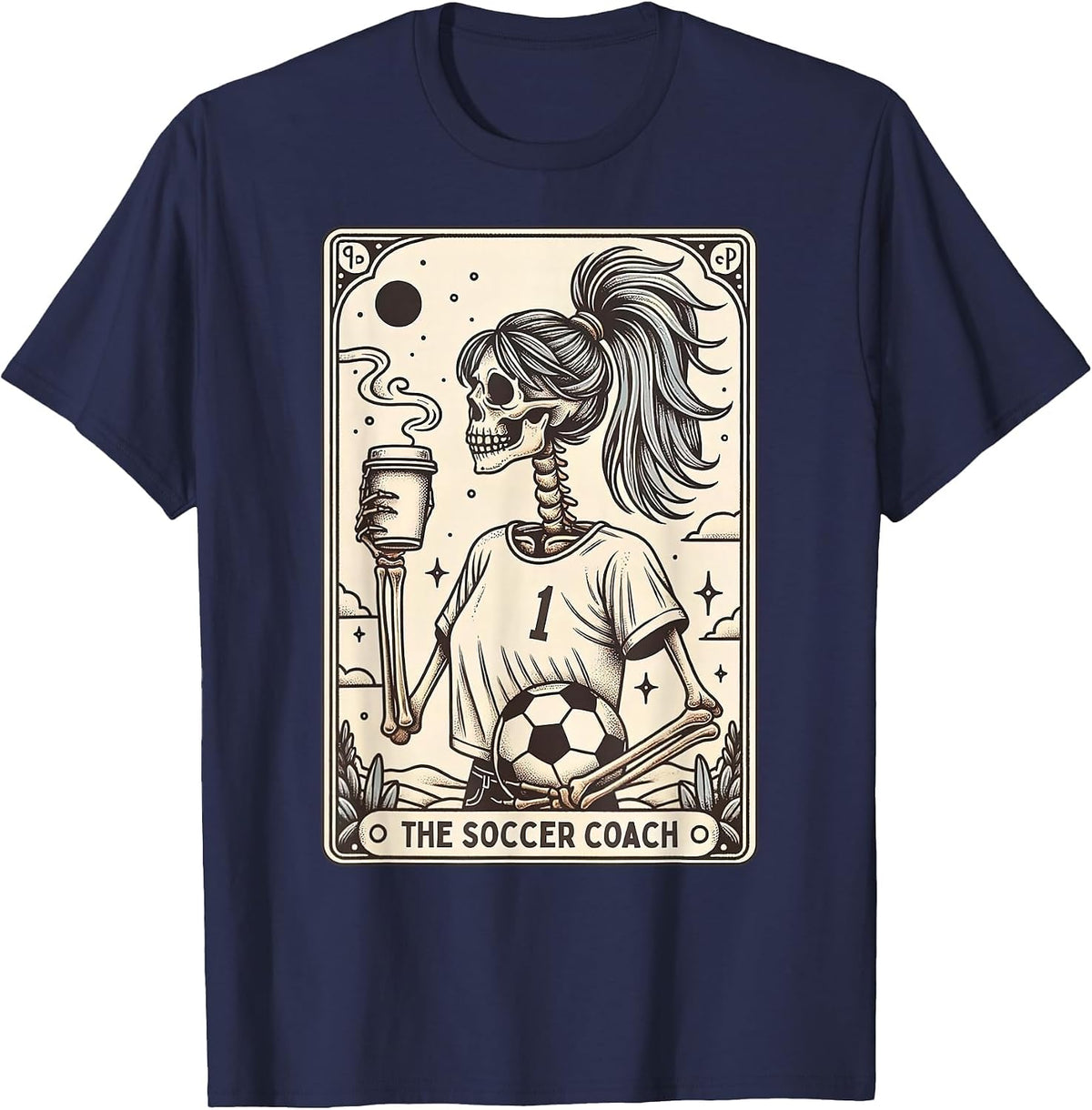 Soccer Coach Tarot Card Halloween Skeleton Soccer Mom Witchy T-Shirt - Navy Blue