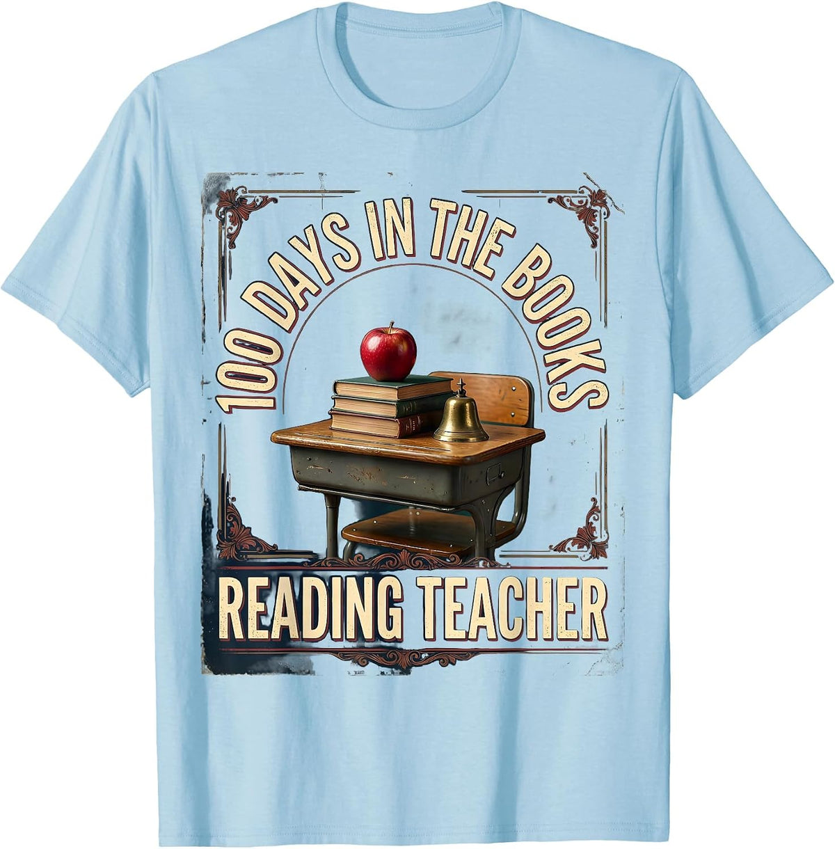 Men's 100 Days In The Books Reading Teacher Vintage School Desk T-Shirt - Baby Blue