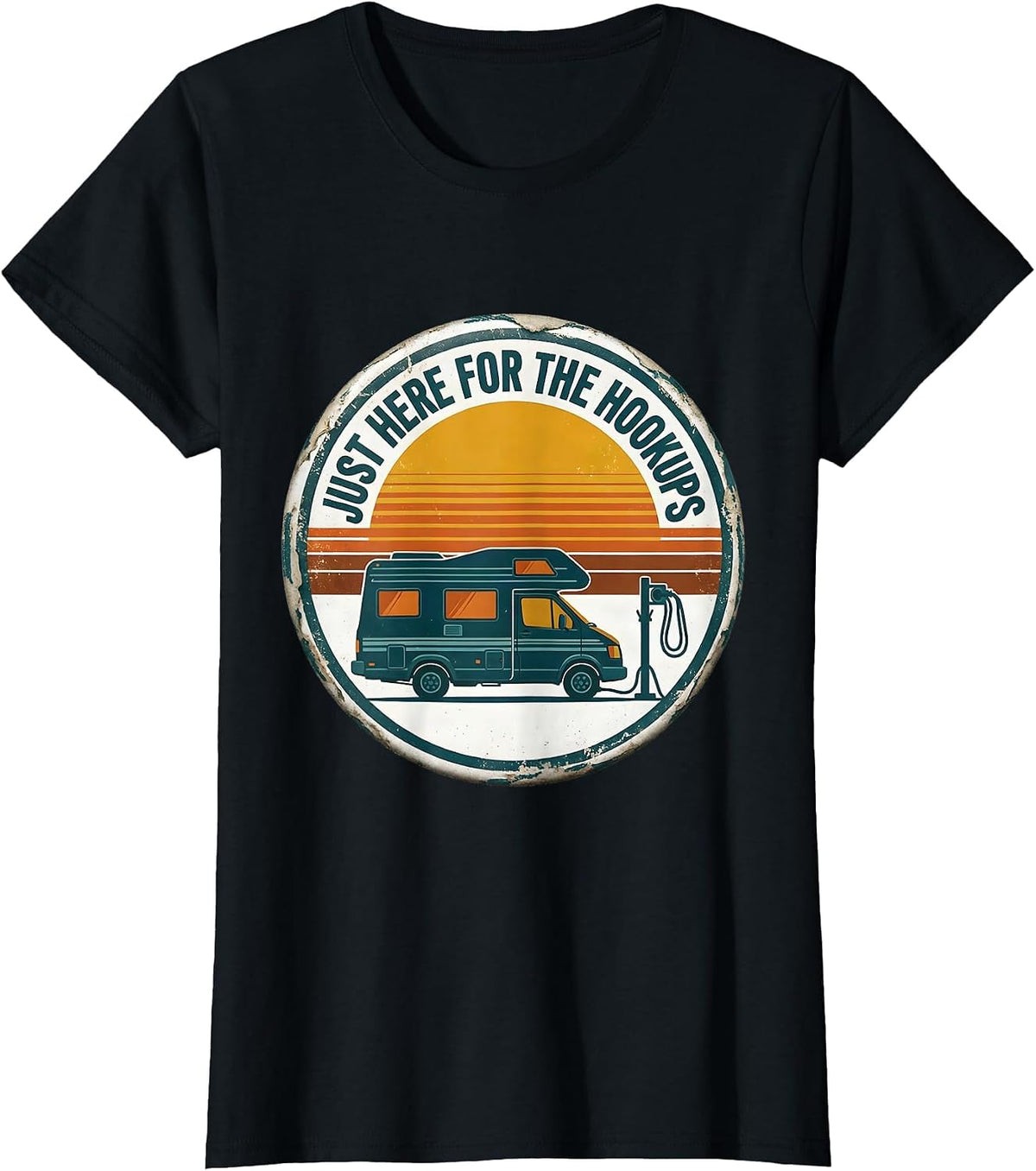 Women's Just Here For The Hookups Retro Van Life Nomad Badge T-Shirt - Black