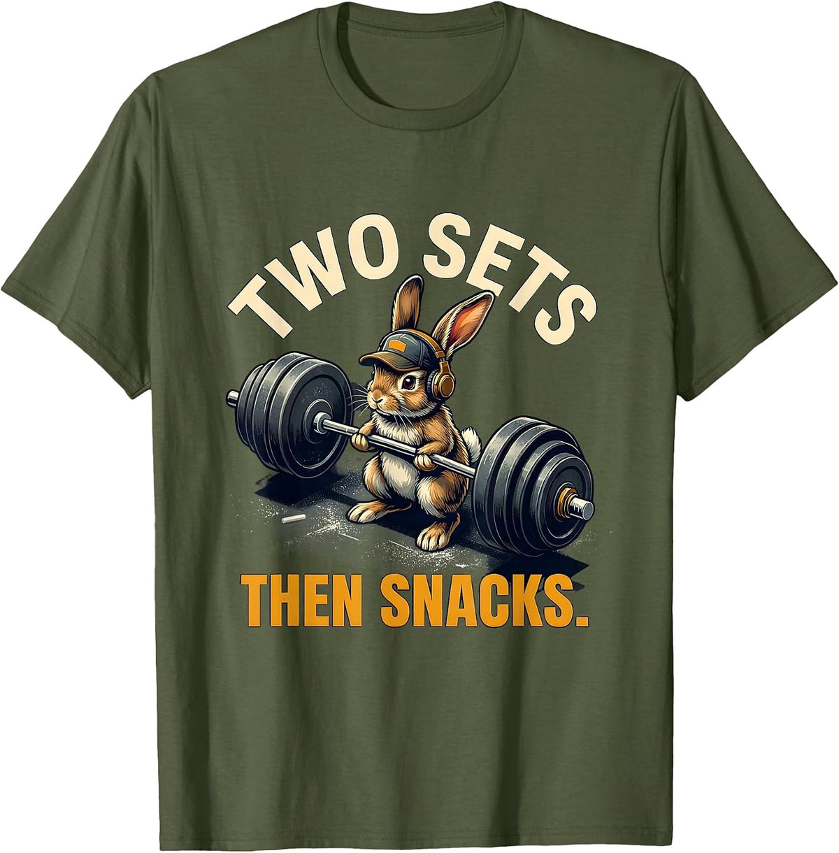 Two Sets Then Snacks Funny Gym Cat Meme Weightlifting Humor T-Shirt - Olive Green