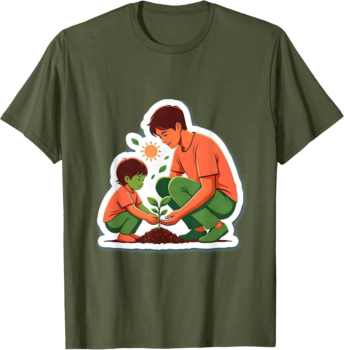 Daycare Teacher and Child Planting Seedling Together T-Shirt - Olive Green