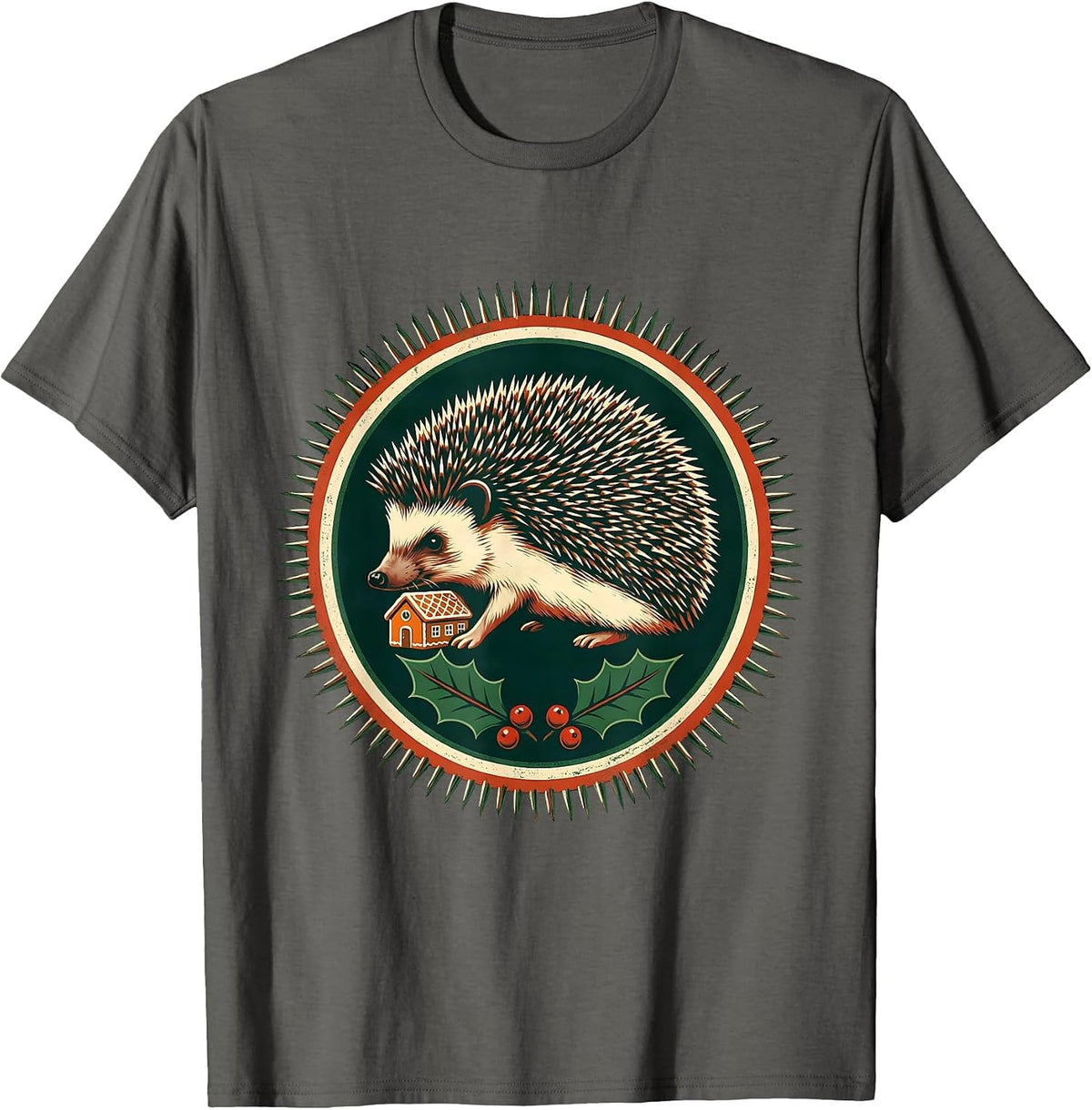 Sealed Hedgehog Gingerbread Badge Cute Christmas Animal T-Shirt - Asphalt Grey