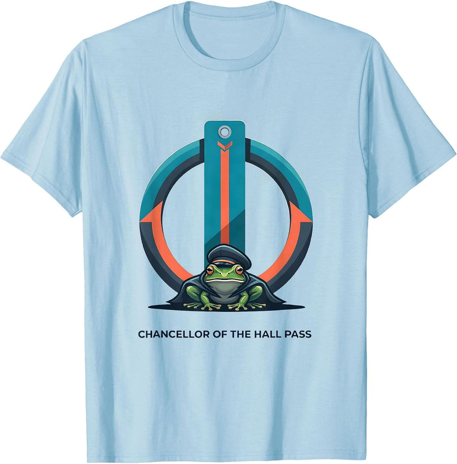Men's Chancellor of the Hall Pass Funny Frog Teacher Back T-Shirt - Baby Blue