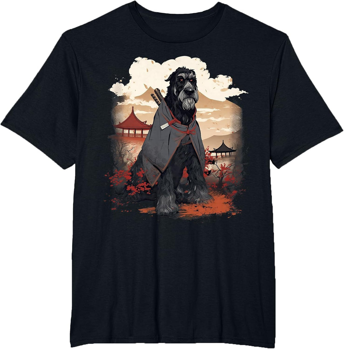 Vintage Japanese Art Samurai Giant Schnauzer Dog T-Shirt - Black