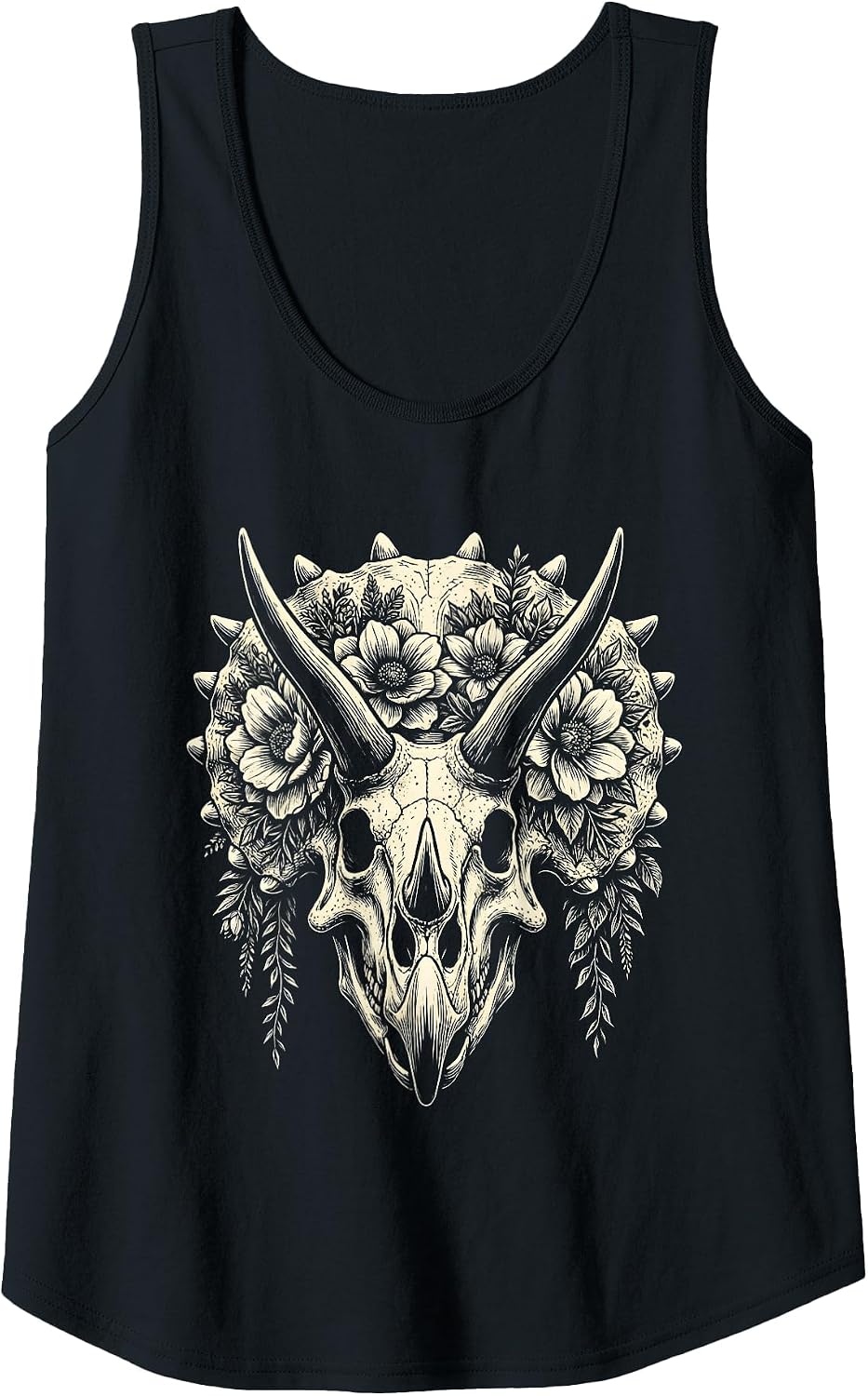 Triceratops Skull Floral Crown Dinosaur Art Tank Top - Black
