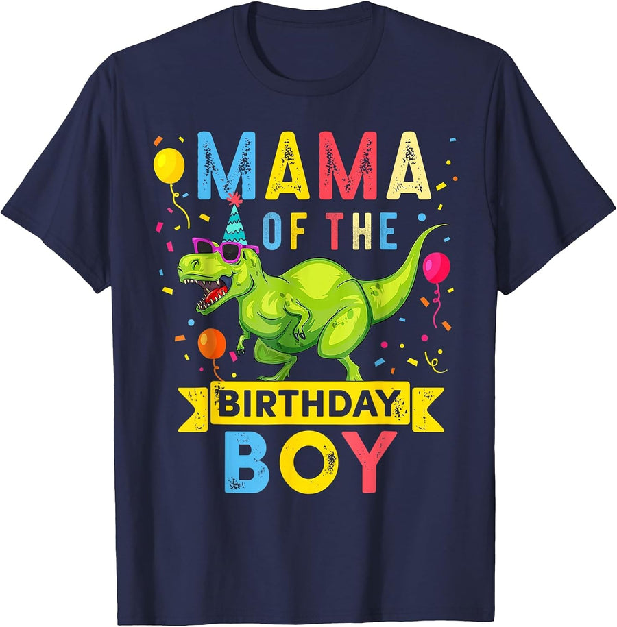 Mama of the Birthday Boy T-Rex Dinosaur Birthday Family T-Shirt - Navy Blue