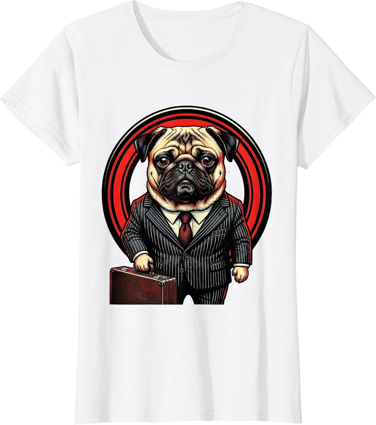Funny Pug in Business Suit Briefcase Office Dog T-Shirt - White