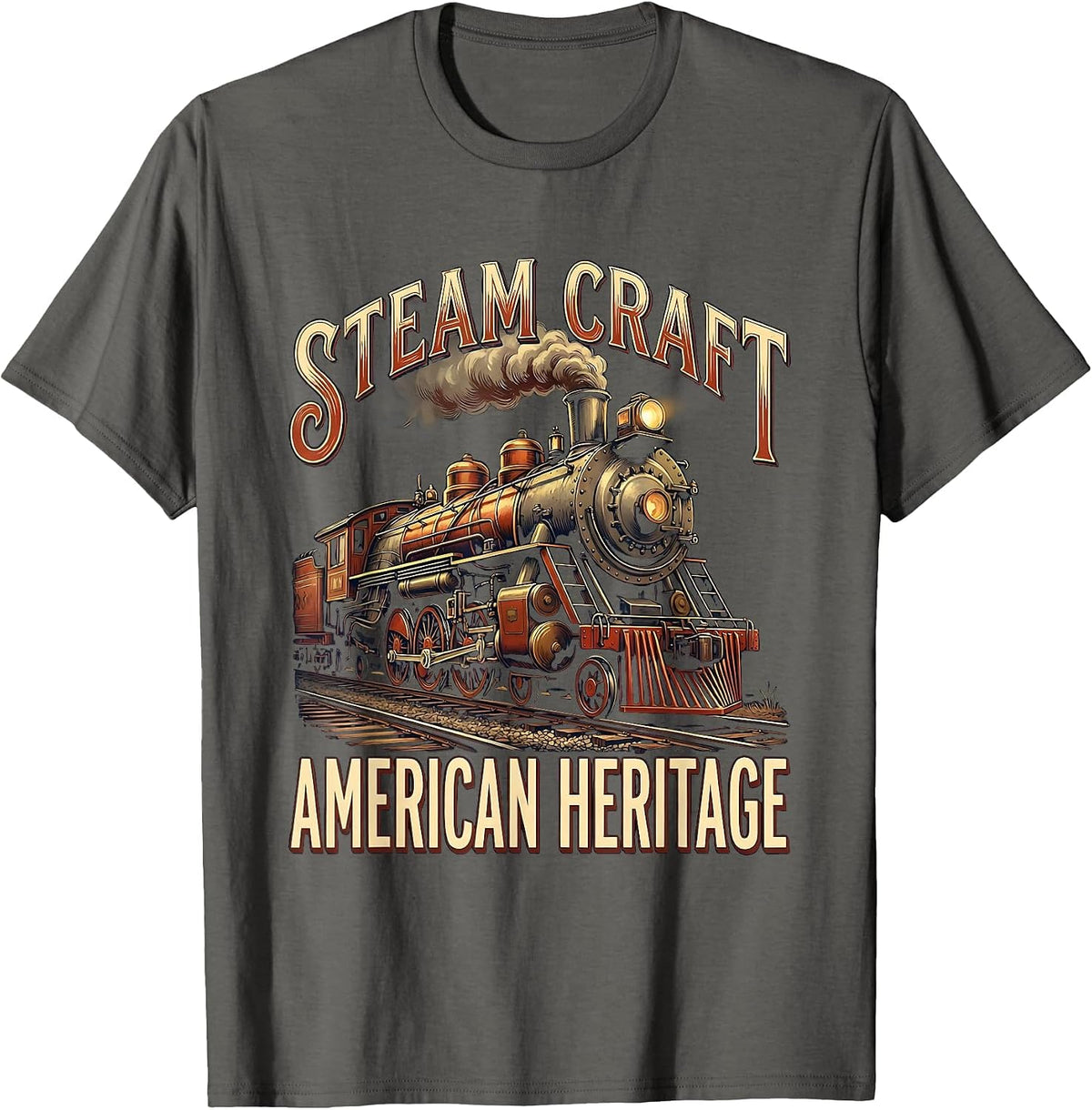 Steam Craft American Heritage Vintage Steam Locomotive Train T-Shirt - Asphalt Grey