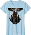 Women's Crumbling Cathedral Lightning Strike Metal Art T-Shirt - Baby Blue