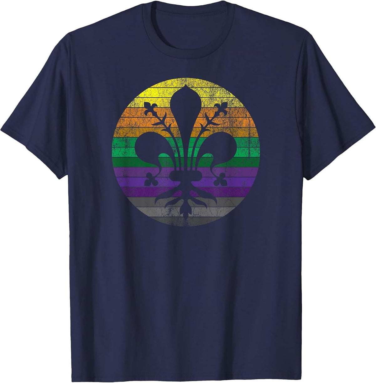Mardi Gras Fleur de Lis - Distressed Vintage, Retro Sunset T-Shirt - Navy Blue