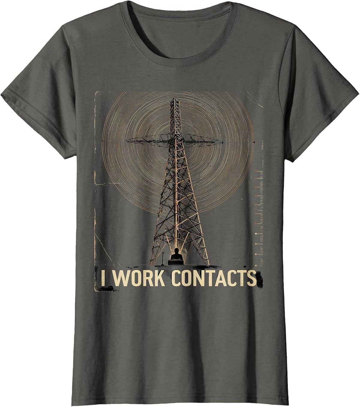 Women's I Work Contacts Distressed Ham Radio Operator Hobbyist Humor T-Shirt - Asphalt Grey
