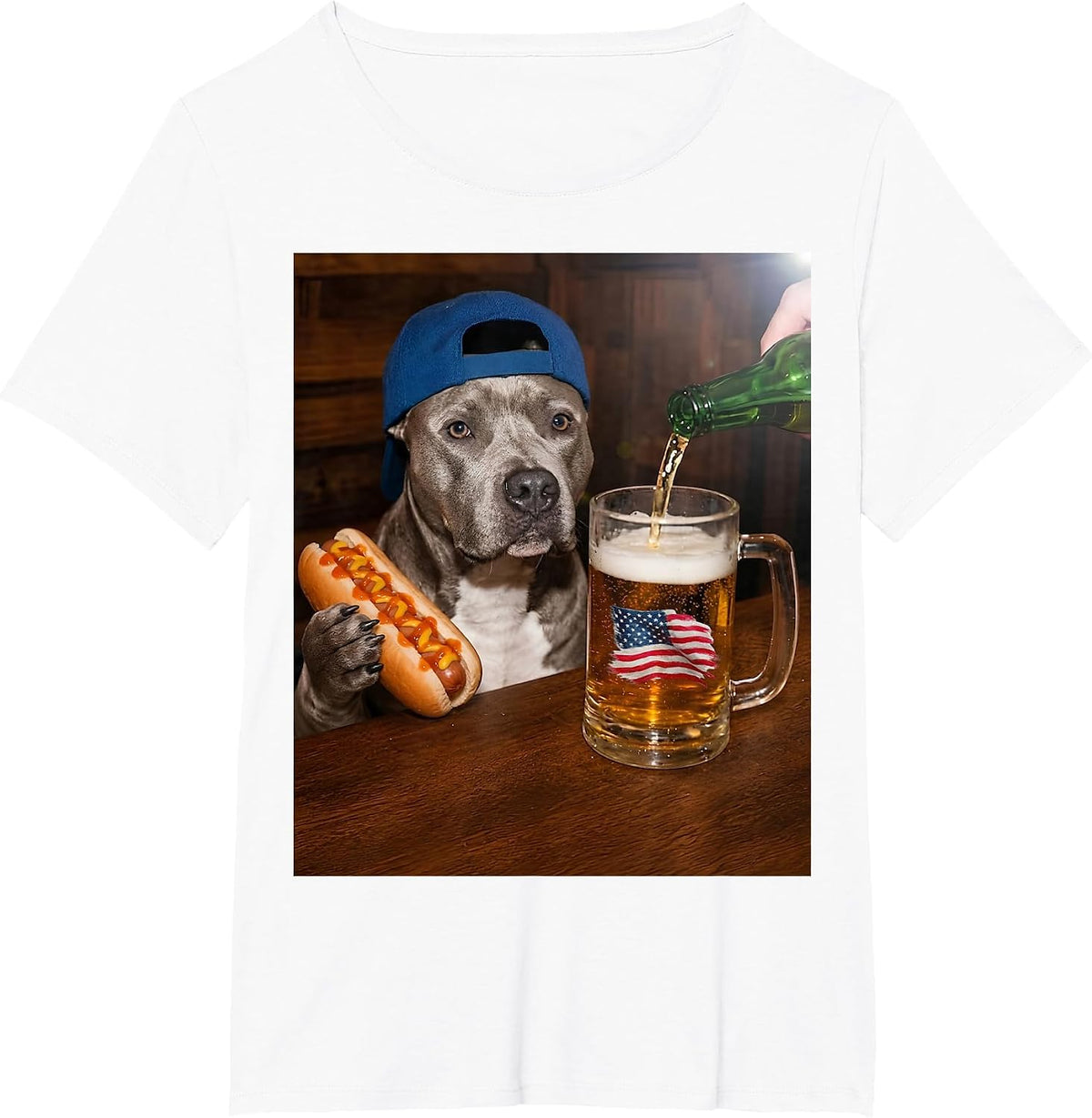 Funny Pitbull Meme Drinking Beer Hotdog USA Flag Pittie Moms T-Shirt - White