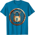 Grunge Chained Padlock Rusted Fence Graphic T-Shirt - Sapphire Blue