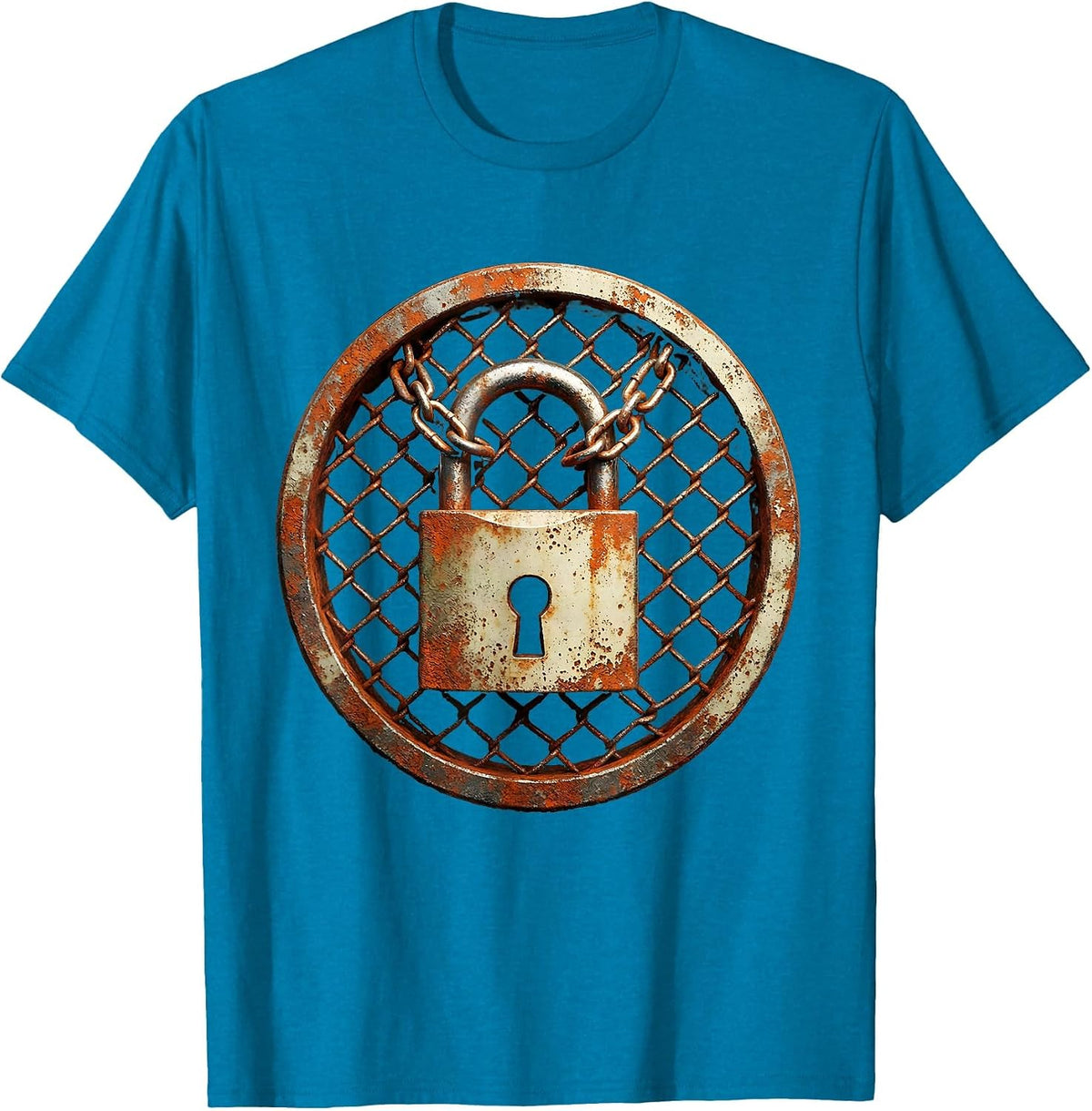Grunge Chained Padlock Rusted Fence Graphic T-Shirt - Sapphire Blue