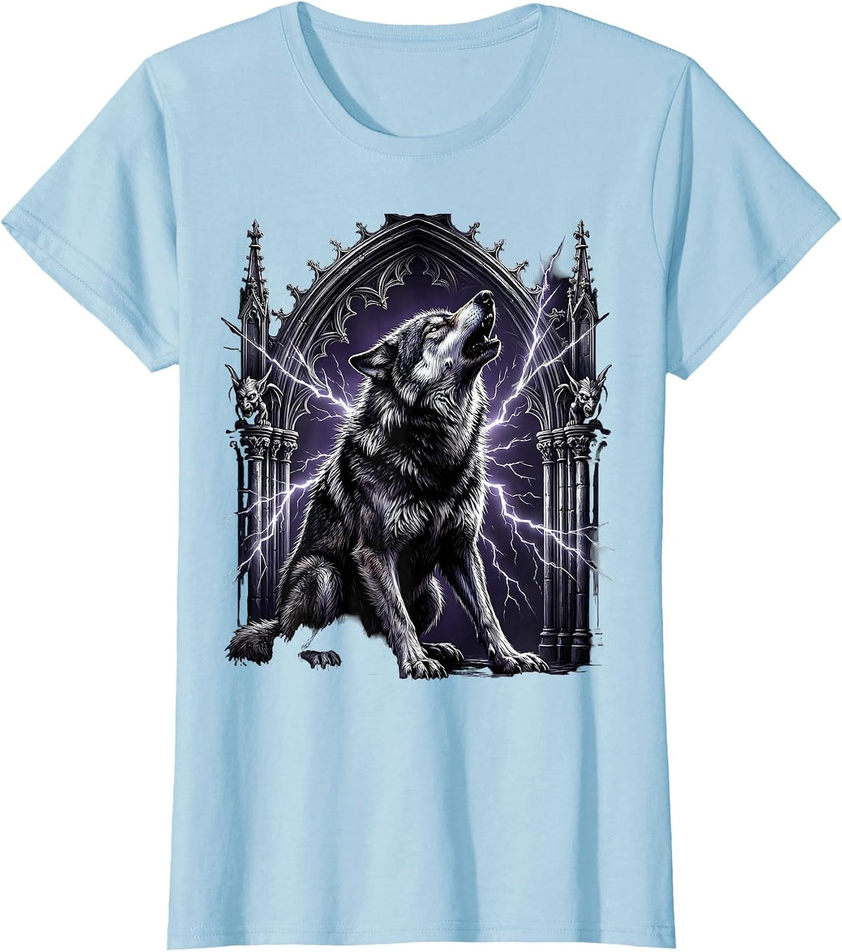 80s Rock Wolf Electric Sparks Howling Graphic T-Shirt - Baby Blue