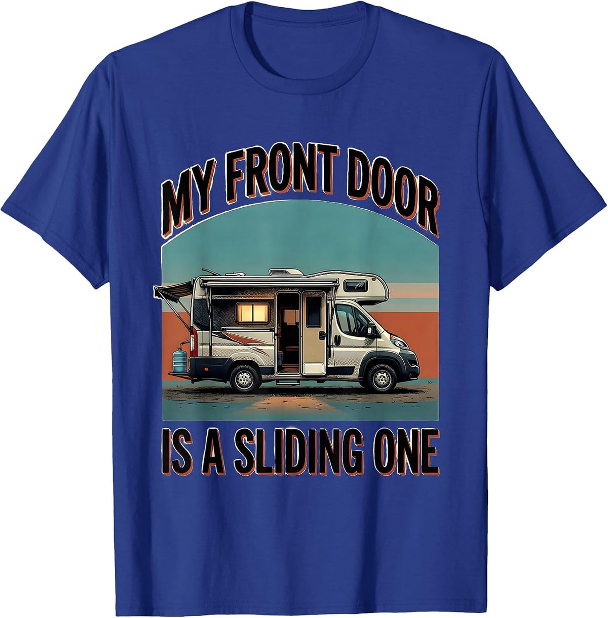 Men's My Front Door Is A Sliding One Retro Van Life Road Trip T-Shirt - Royal Blue