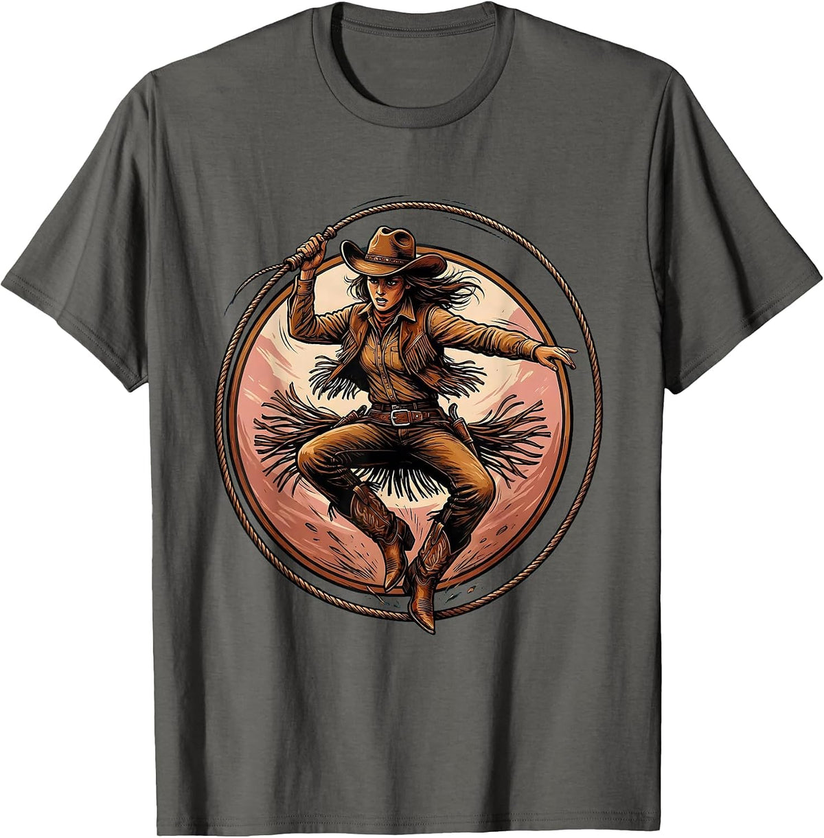 Men's Cowgirl Rope Tricks Rodeo Illustration T-Shirt - Asphalt Grey