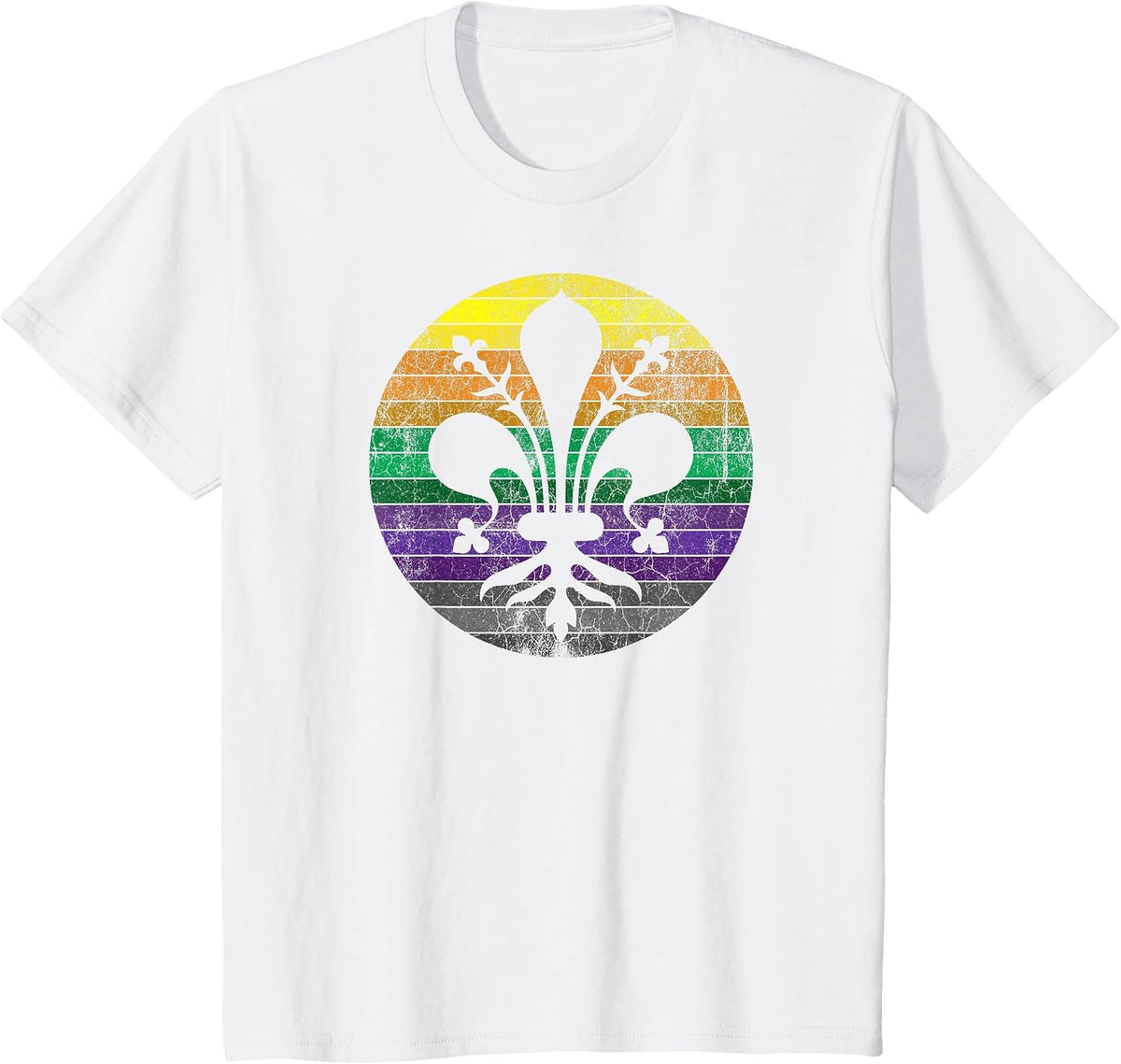 Mardi Gras Fleur de Lis - Distressed Vintage, Retro Sunset T-Shirt - White
