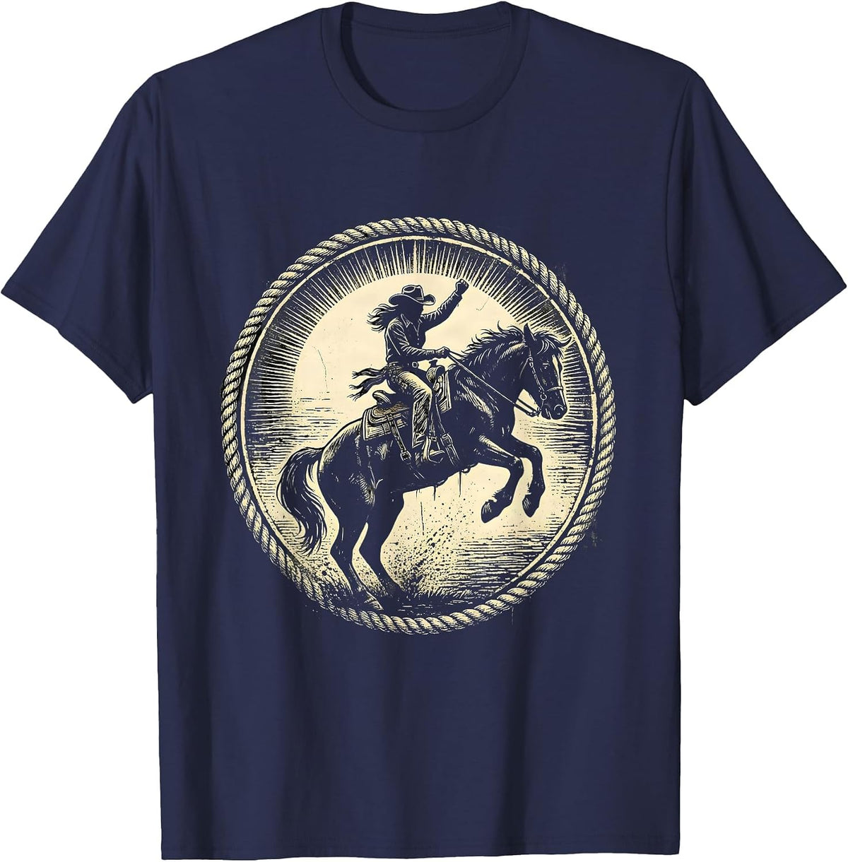 Men's Cowgirl Bucking Bronco Sunset Rodeo Design T-Shirt - Navy Blue