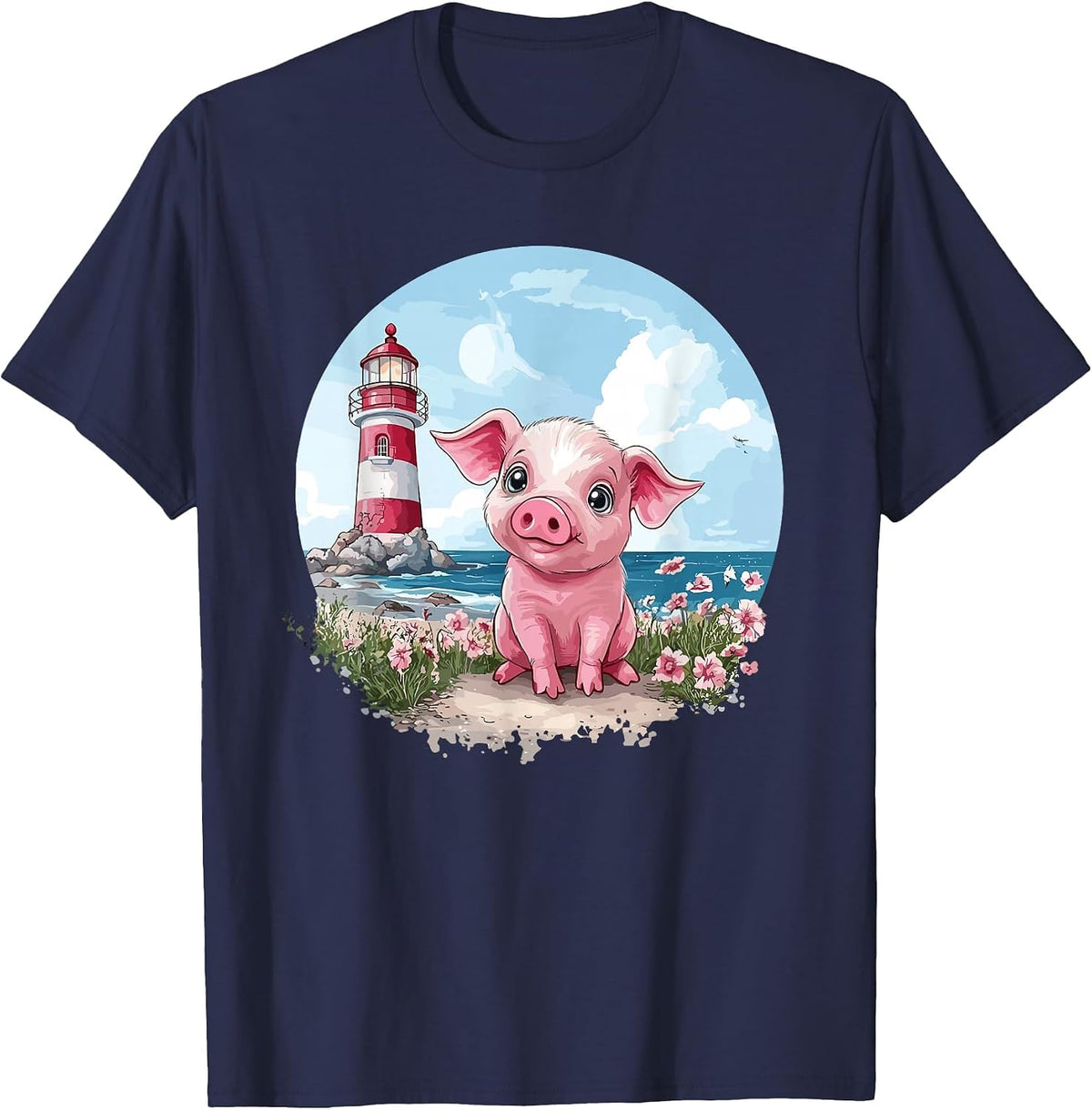 Adorable Piglet By The Lighthouse T-Shirt - Navy Blue