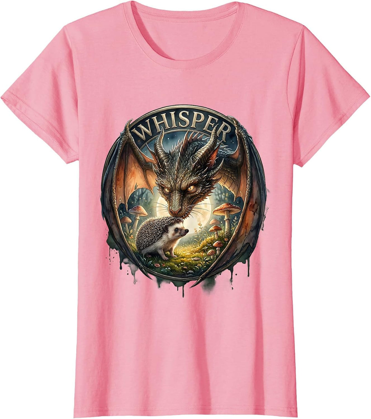 Women's Whisper Watercolor Dragon Cat Nose Boop Full Moon Fantasy T-Shirt - Pink