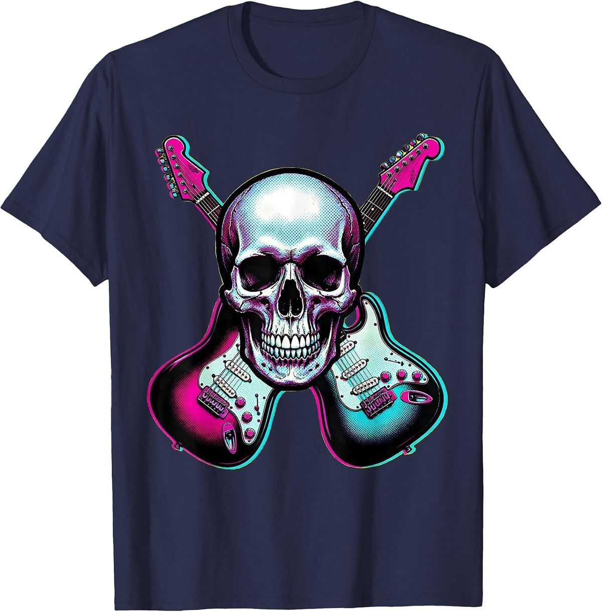 Skull Crossed Guitars Rock Band Graphic T-Shirt - Navy Blue