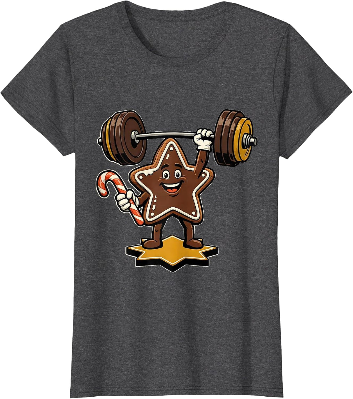 Women's Iced Star-Cookie Grinning Gym Mascot Retro Christmas T-Shirt - Dark Heather Grey