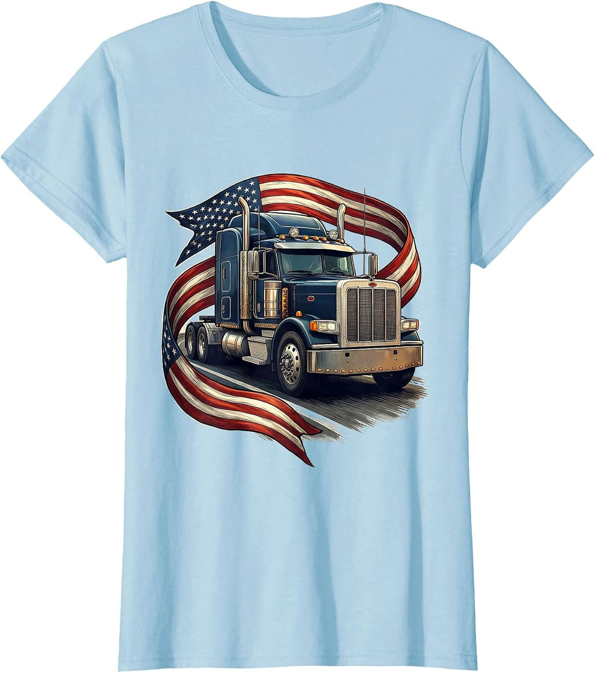 American Flag Semi Truck Driver Patriotic Trucker T-Shirt - Baby Blue