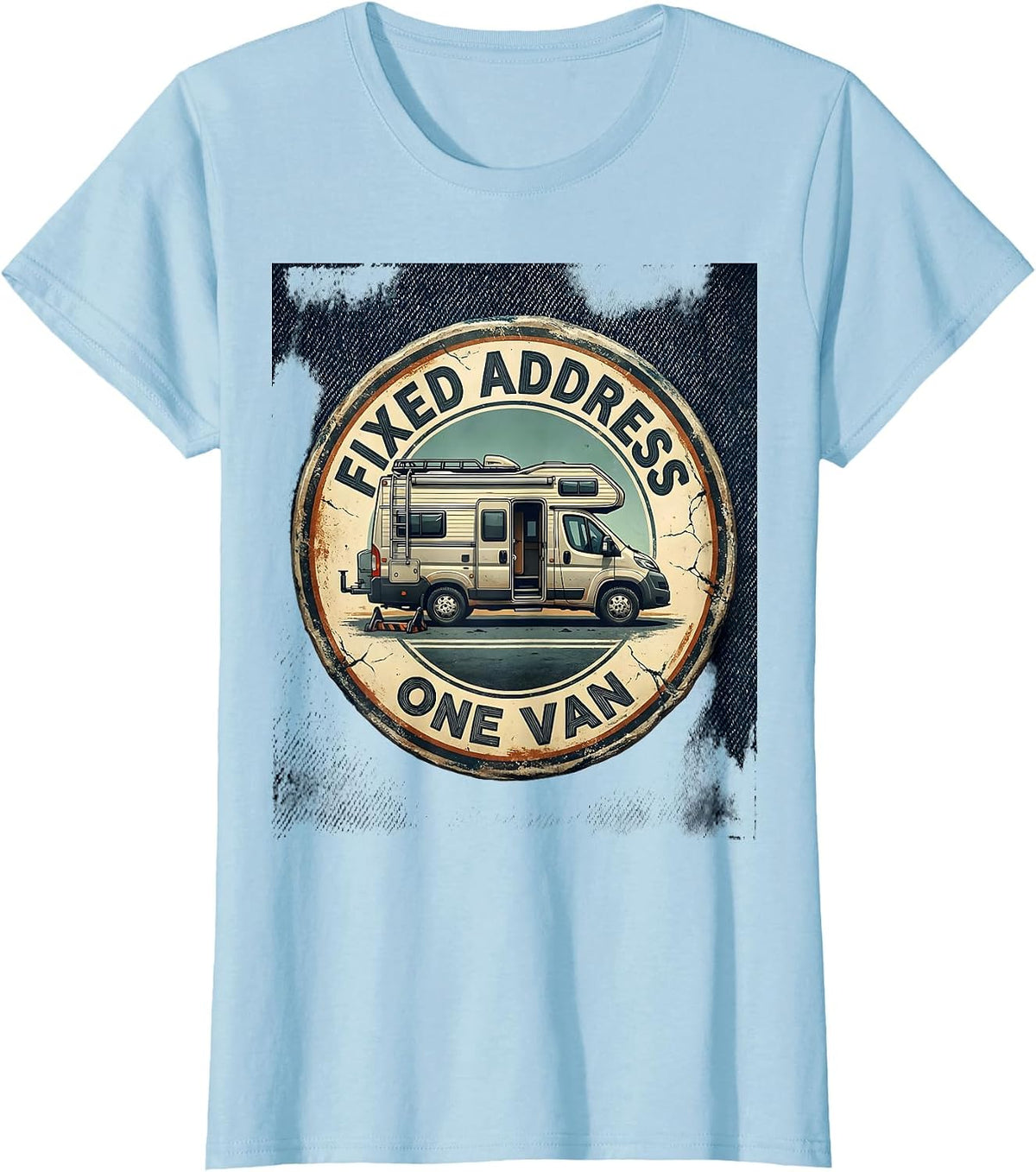 Women's Fixed Address One Van Distressed Van Life Nomad Road Trip T-Shirt - Baby Blue