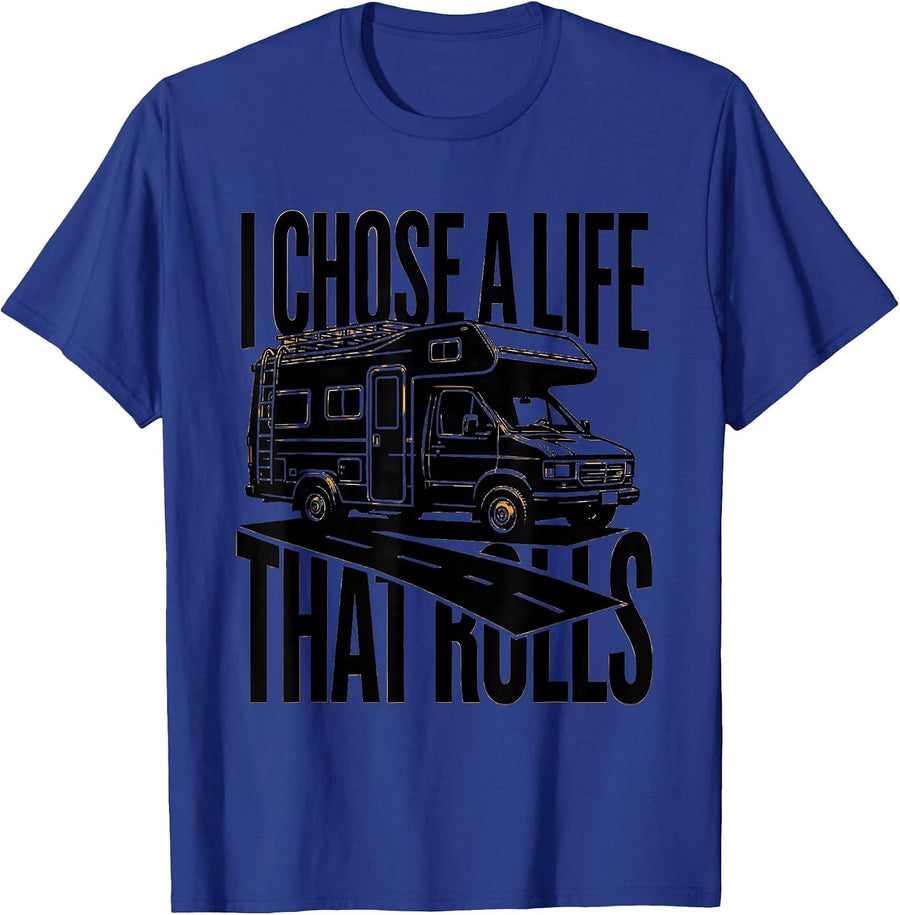 I Chose A Life That Rolls Stencil Van Life Nomads Road Trip T-Shirt - Royal Blue