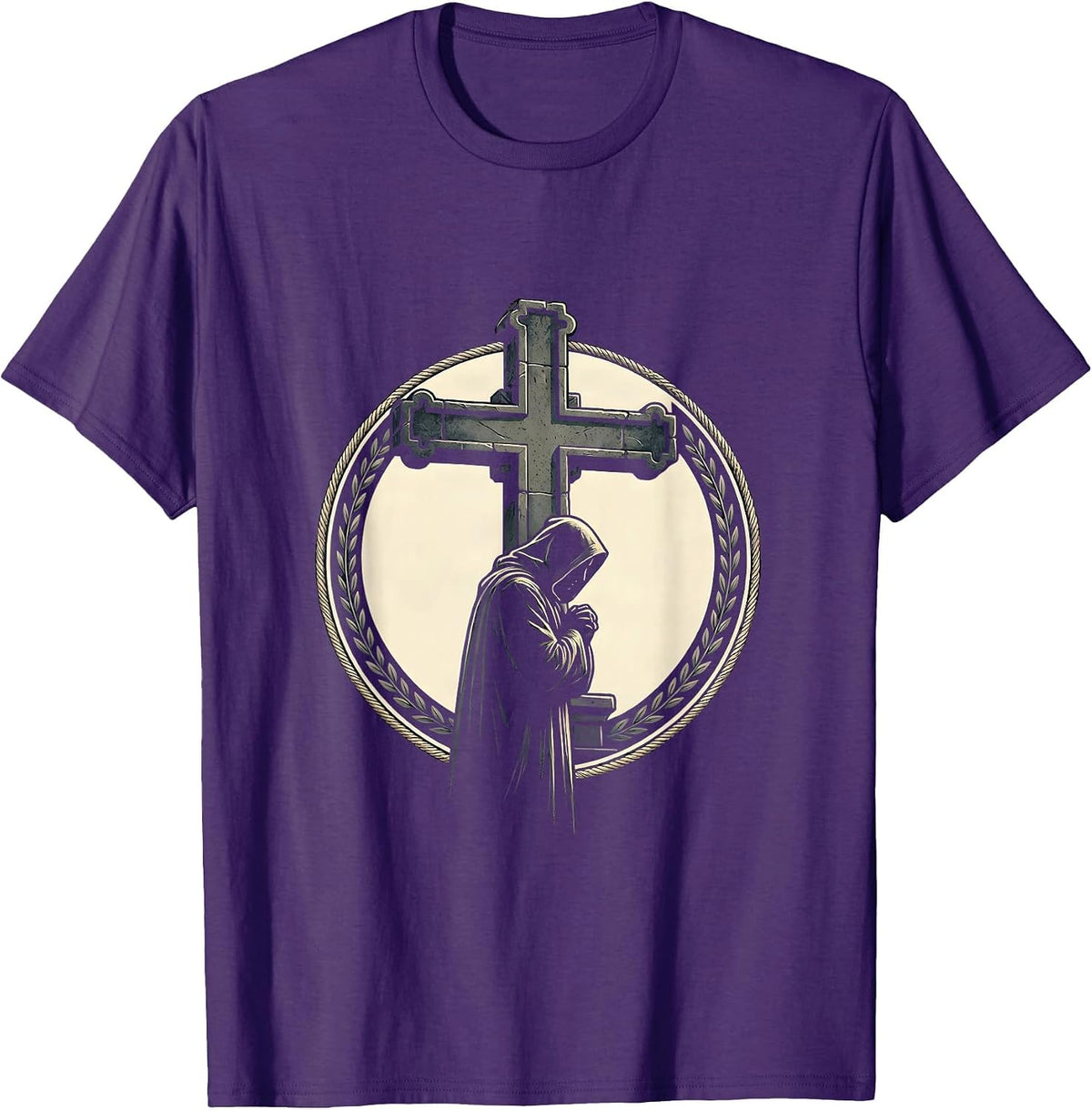 Hooded Figure Stone Cross Faith Graphic T-Shirt - Purple