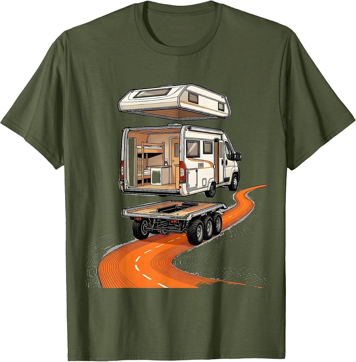 Men's Camper Van Exploded View Retro Van Life Nomads T-Shirt - Olive Green