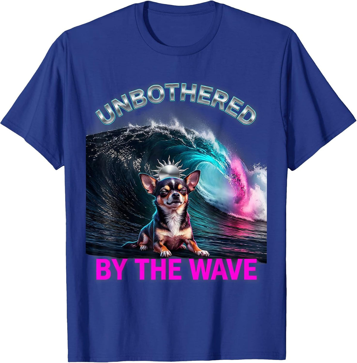 Unbothered By The Wave Vaporwave Y2K Chihuahua Surfing T-Shirt - Royal Blue