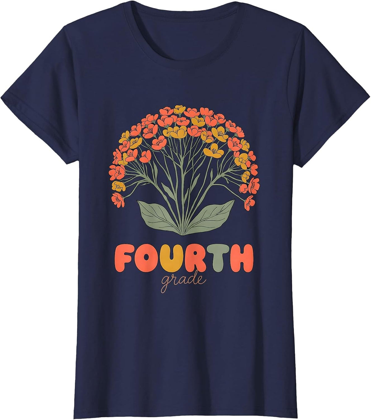Women's FOURTH grade Wildflower Floral Back To School Teacher Gift T-Shirt - Navy Blue