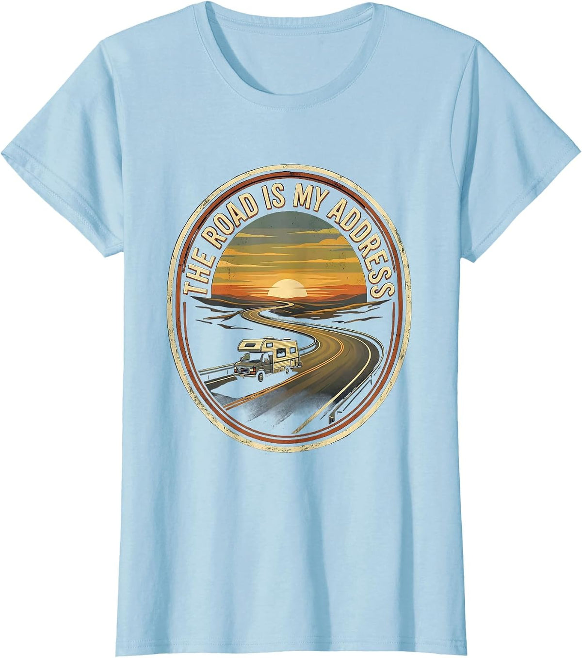 Women's The Road Is My Address Vintage Van Life Retro Road Trip T-Shirt - Baby Blue