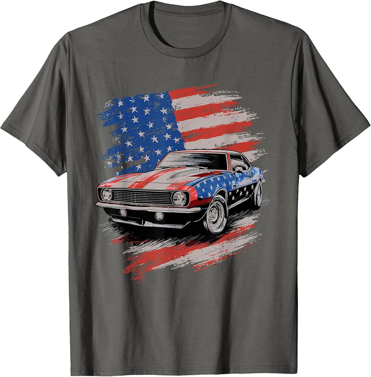 Classic Muscle Car American Flag T-Shirt - Asphalt Grey