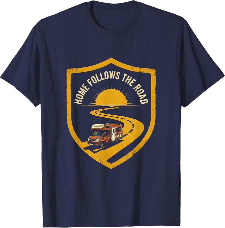 Home Follows The Road Retro Van Life Emblem T-Shirt - Navy Blue