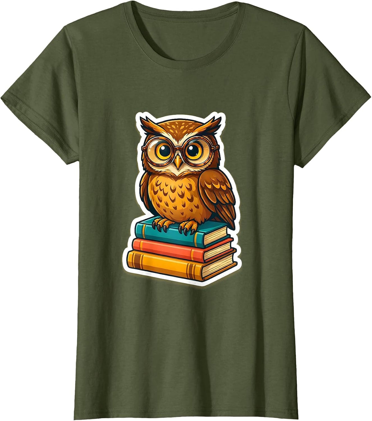 Women's 5th Grade Teacher Owl on Books Illustration T-Shirt - Olive Green