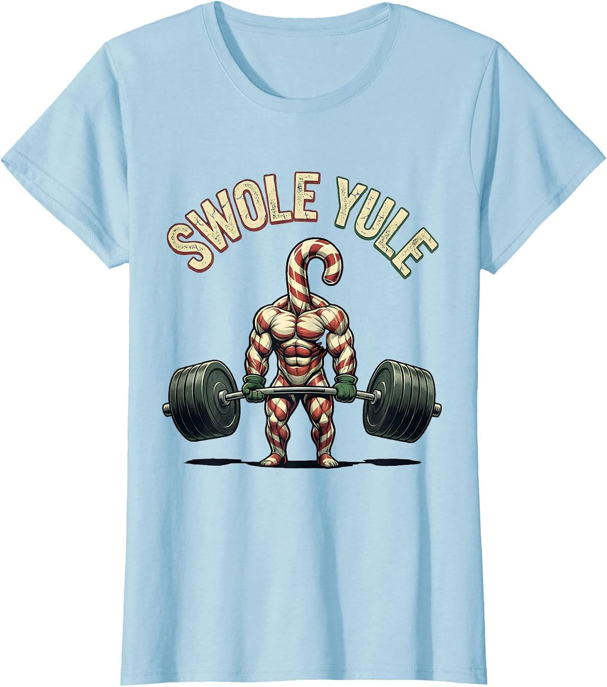 Women's Swole Yule Distressed Funny Christmas Gym Weightlifting T-Shirt - Baby Blue