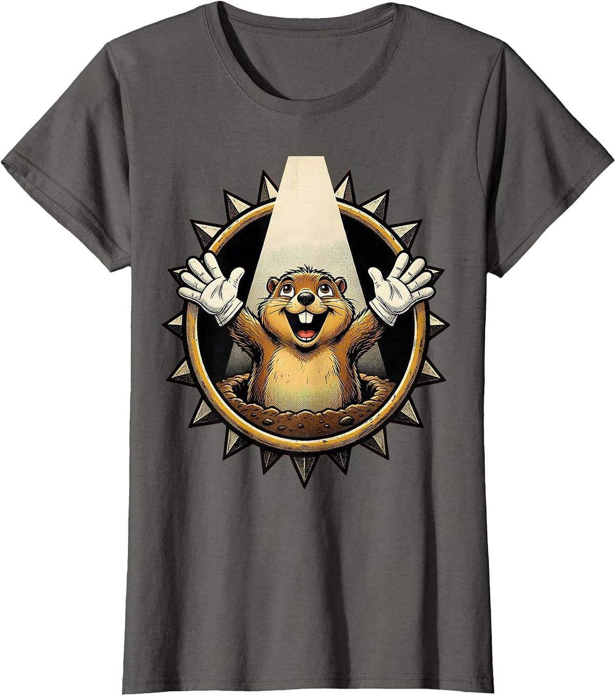 Women's Dramatic Groundhog Spotlight Funny Illustration T-Shirt - Asphalt Grey