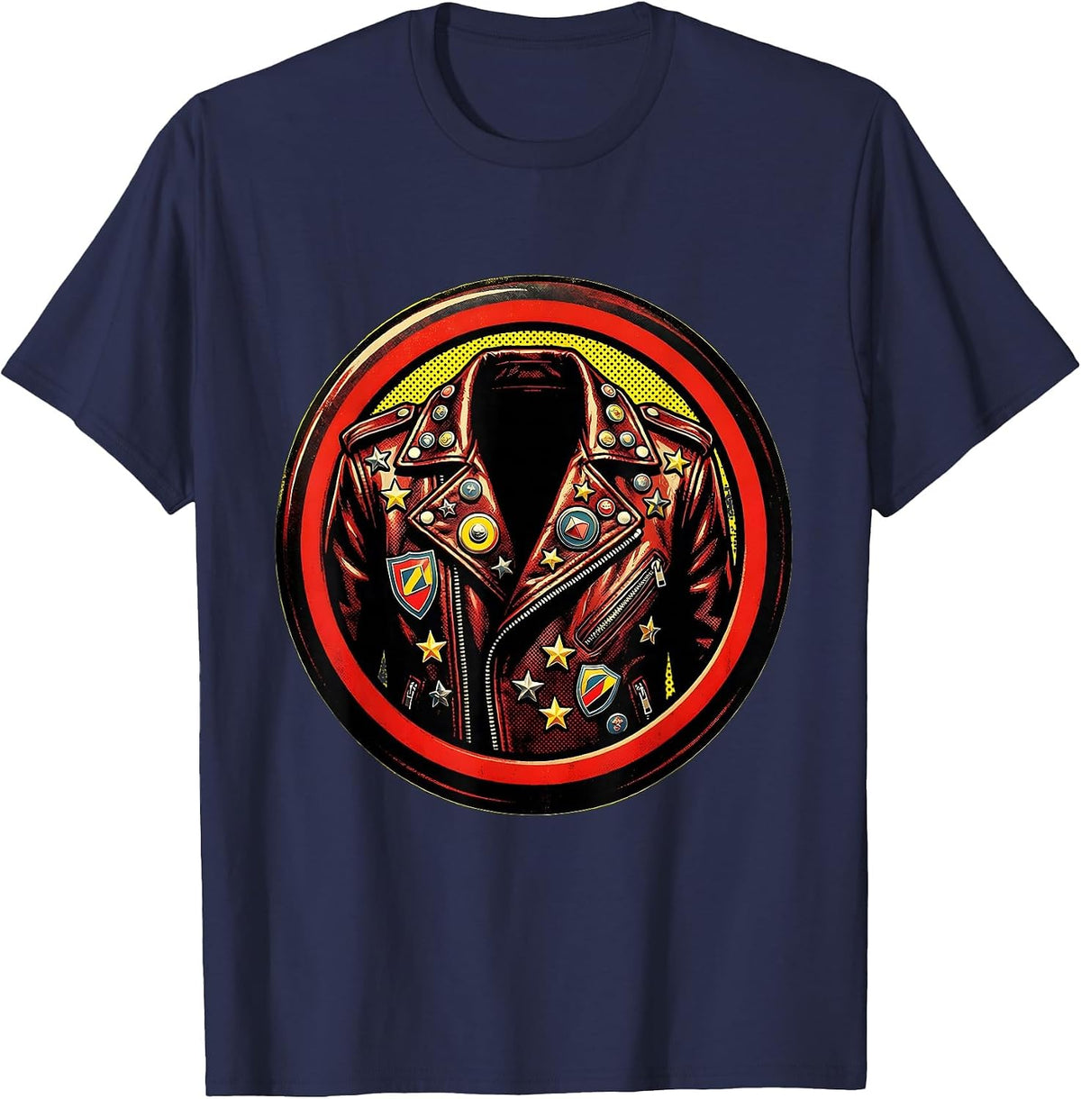 Rock and Roll Leather Jacket Pins and Patches Graphic T-Shirt - Navy Blue