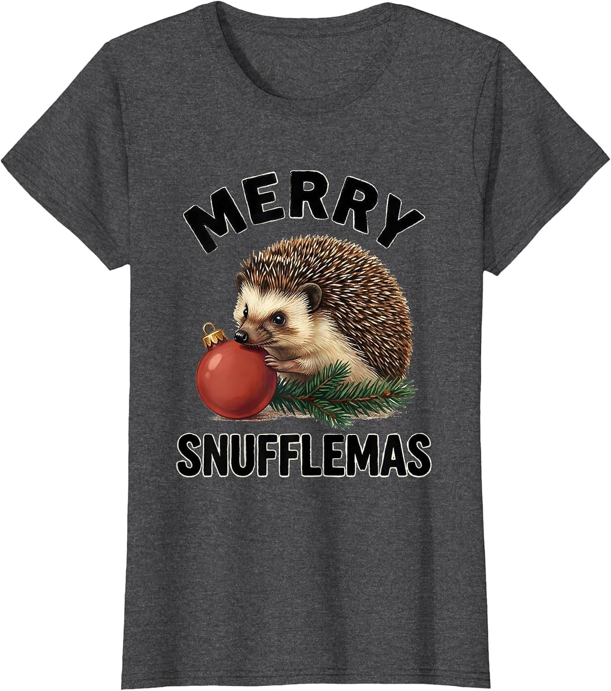 Women's Merry Snufflemas Storybook Hedgehog Christmas Humor Cute T-Shirt - Dark Heather Grey
